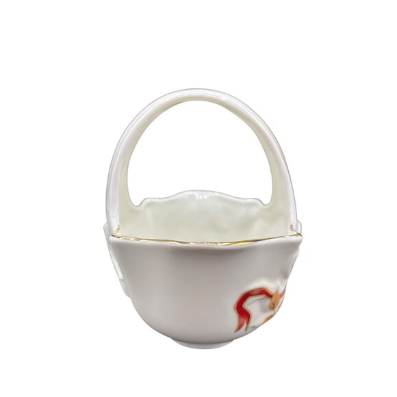 Christmas Porcelain Basket With Red Ribbon Design & Gold Trim Holiday Floral Pat - Picture 2 of 7